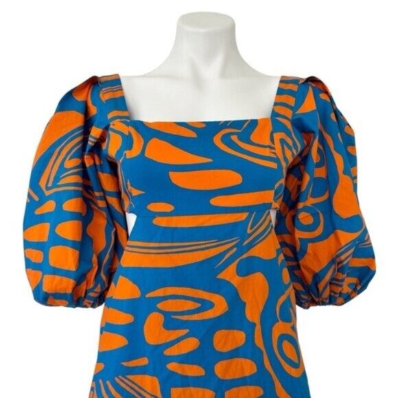 Alexis Bodhi Indigo Blue Orange Puff Sleeve Cut Out Mini Dress Size M - Picture 4 of 11